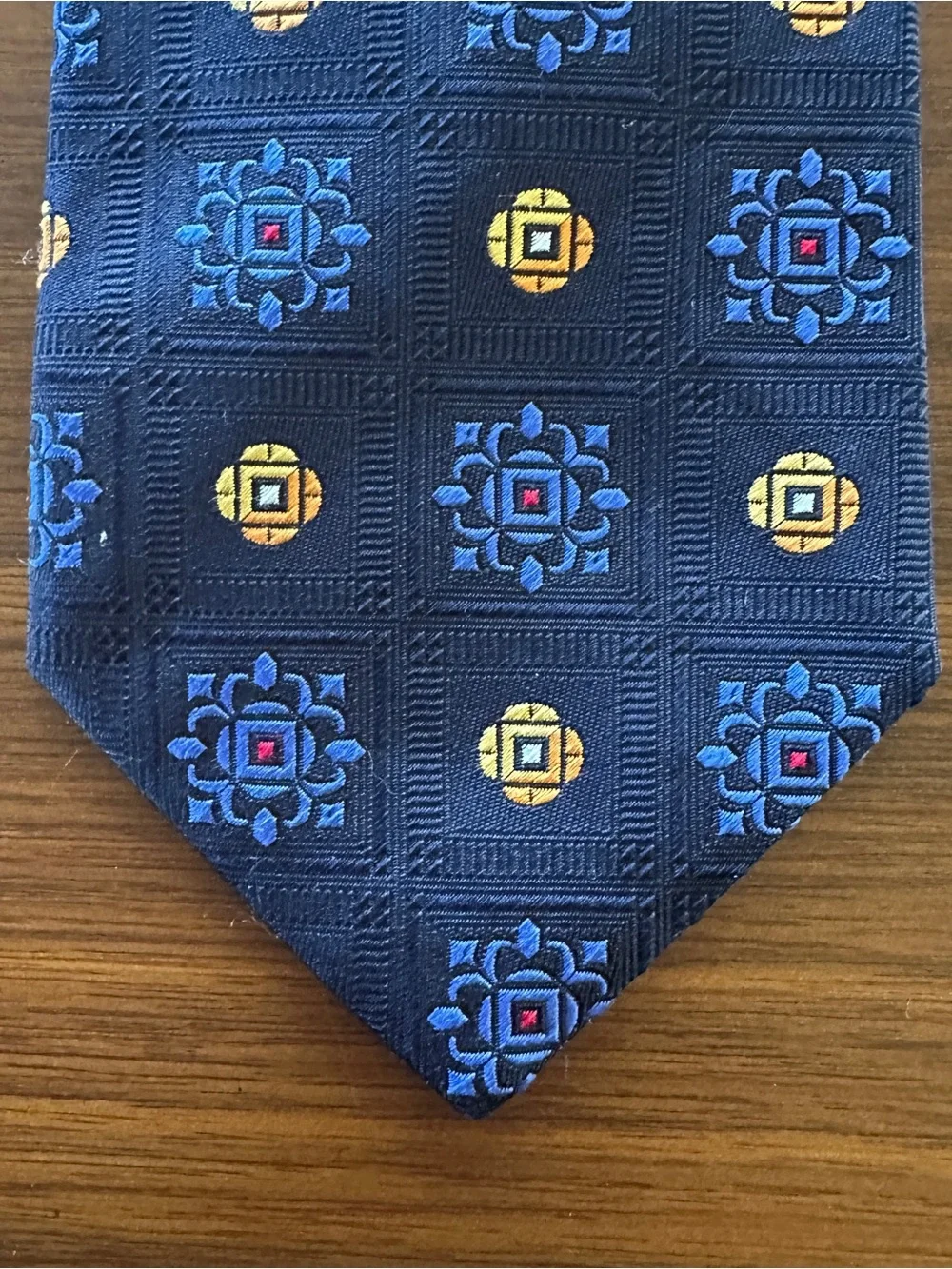 Holland & Sherry Classic Navy Silk Tie with Blue and Yellow Medallion Pattern